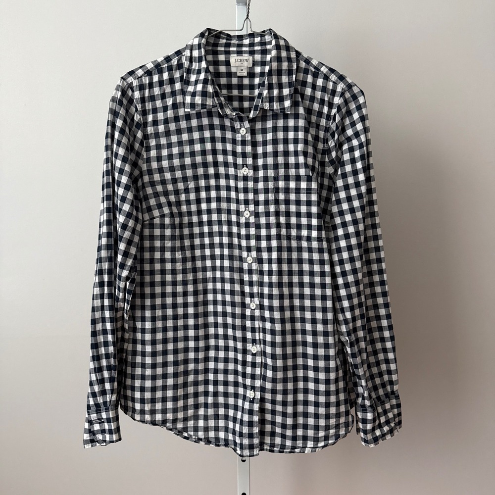 J. Crew sz M‎ Navy Blue Gingham Button Down Womens Long Sleeve Preppy